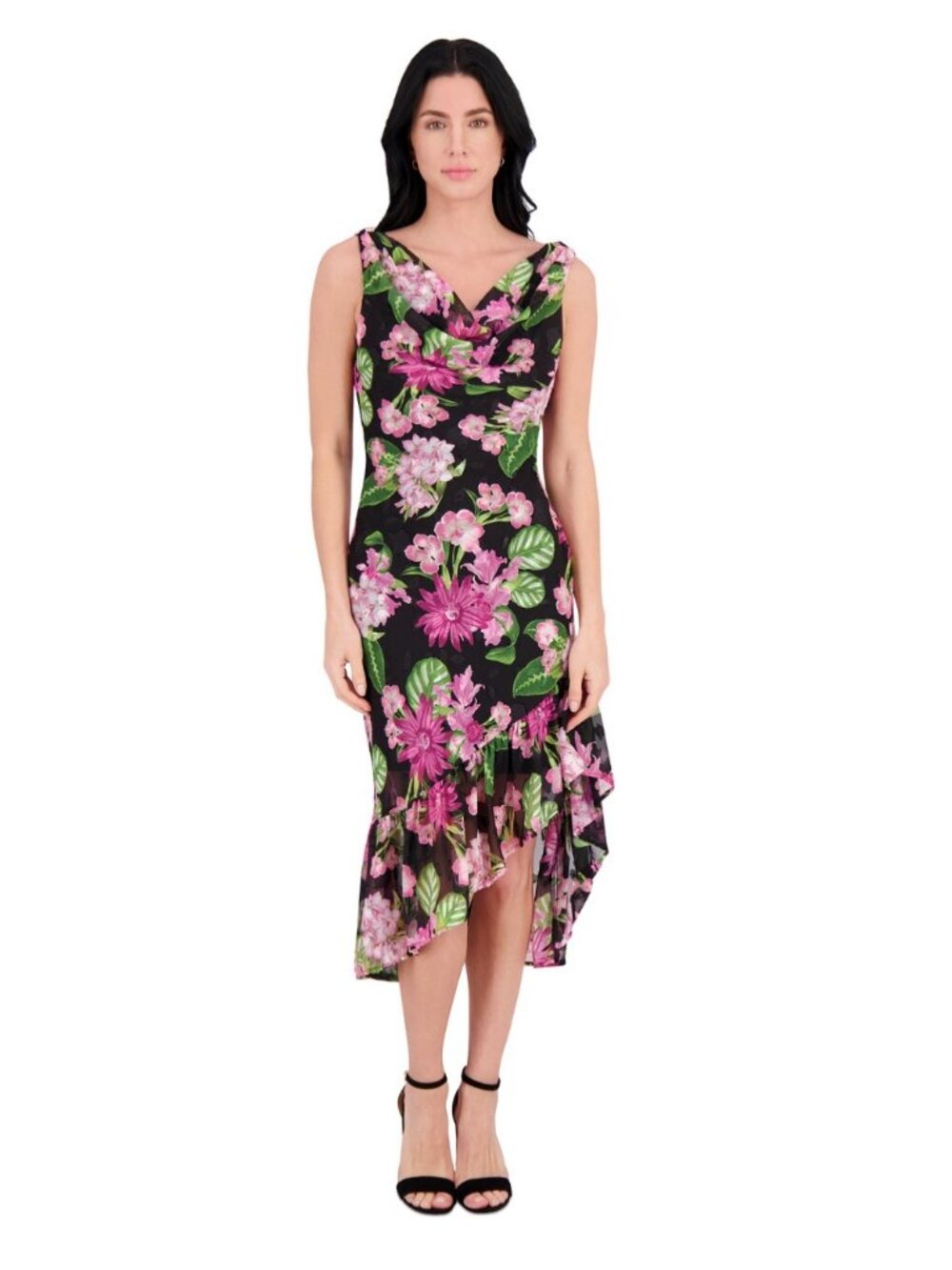 Kensie Womens Black Floral Midi Dress With Cowl Neck & Asymmetrical Ruffled Hem